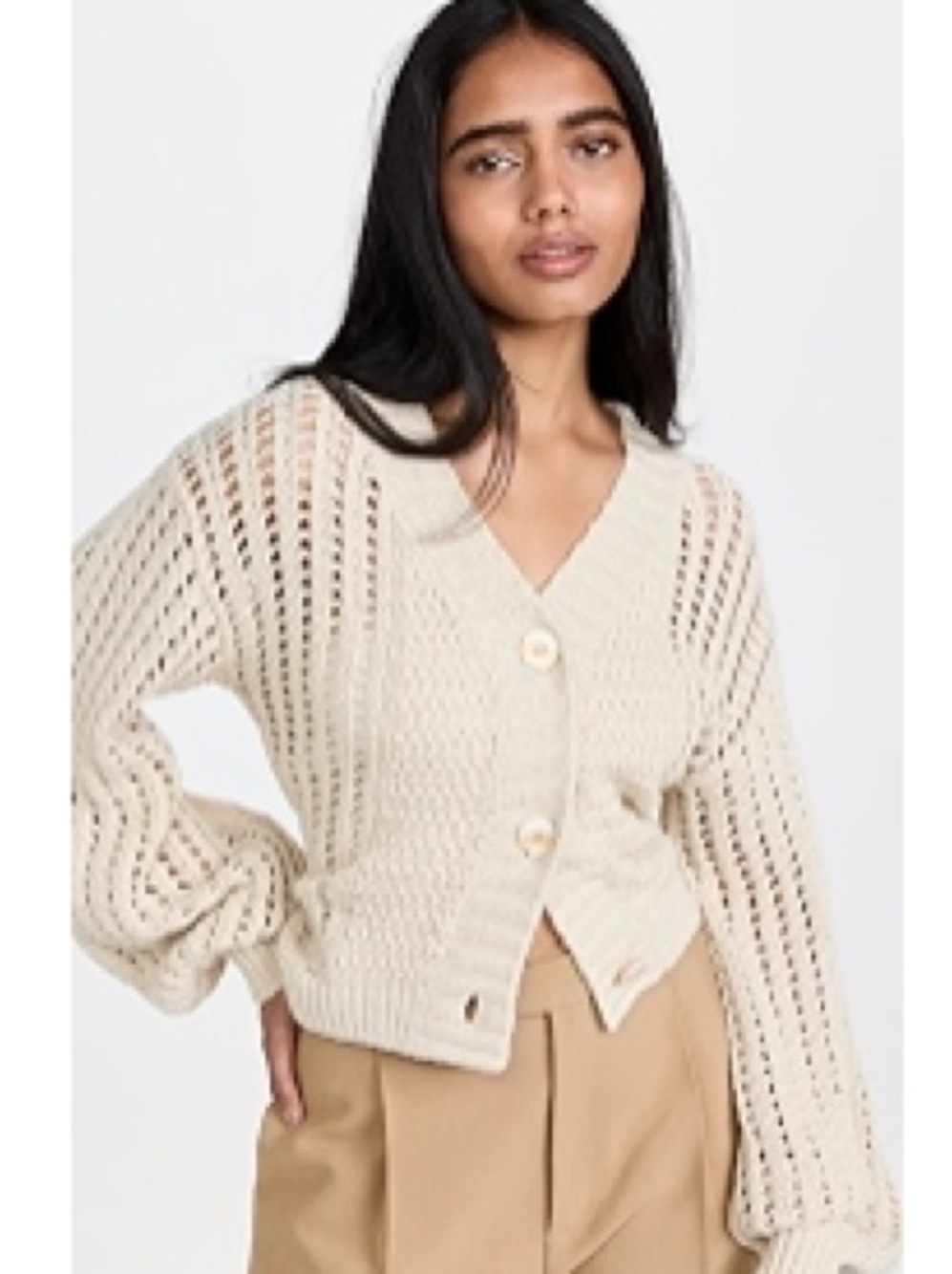 Jonathan Simkhai Open-Knit Cream Button-Front Cardigan